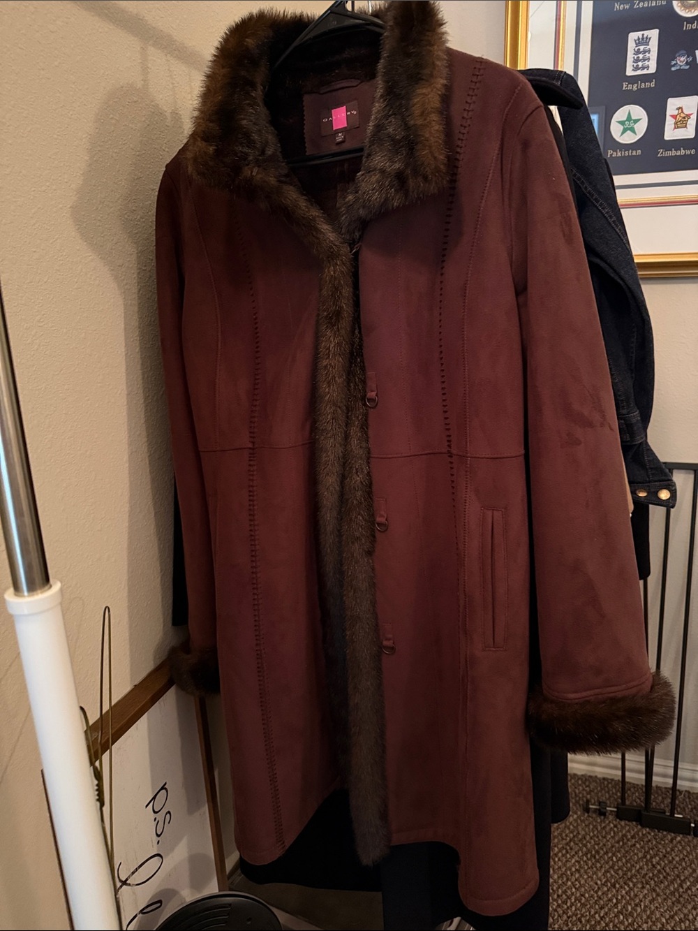 Women's Faux Fur Trim Suede Coat - Brown